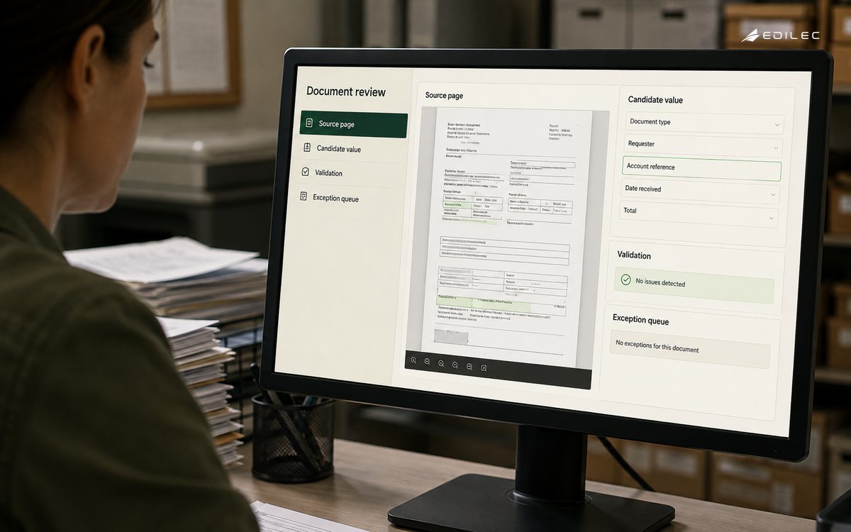 Software-led photo of a real opaque monitor on a robust stand at a document intake station, page preview and candidate-field inspector, cream and forest-green UI.