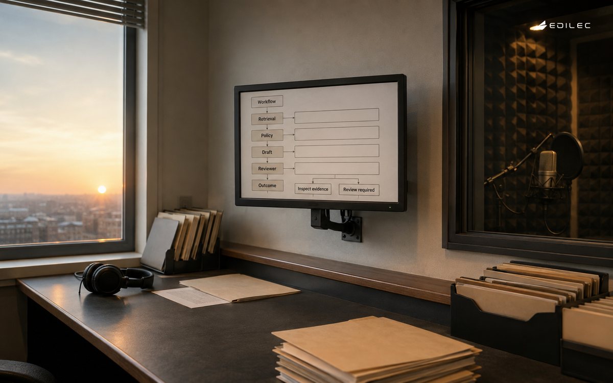 A translation workspace shows a labeled workflow from retrieval through review to outcome.