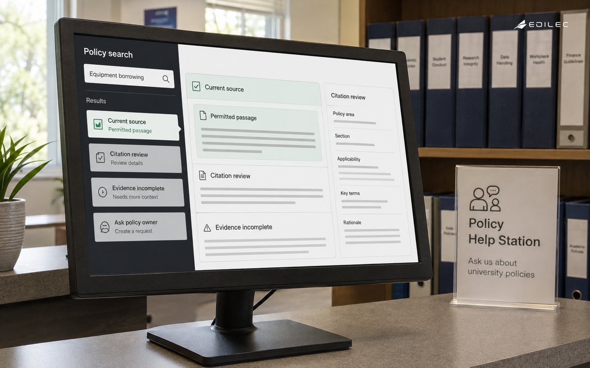 A policy search surface pauses for citation evidence and offers a policy-owner handoff.