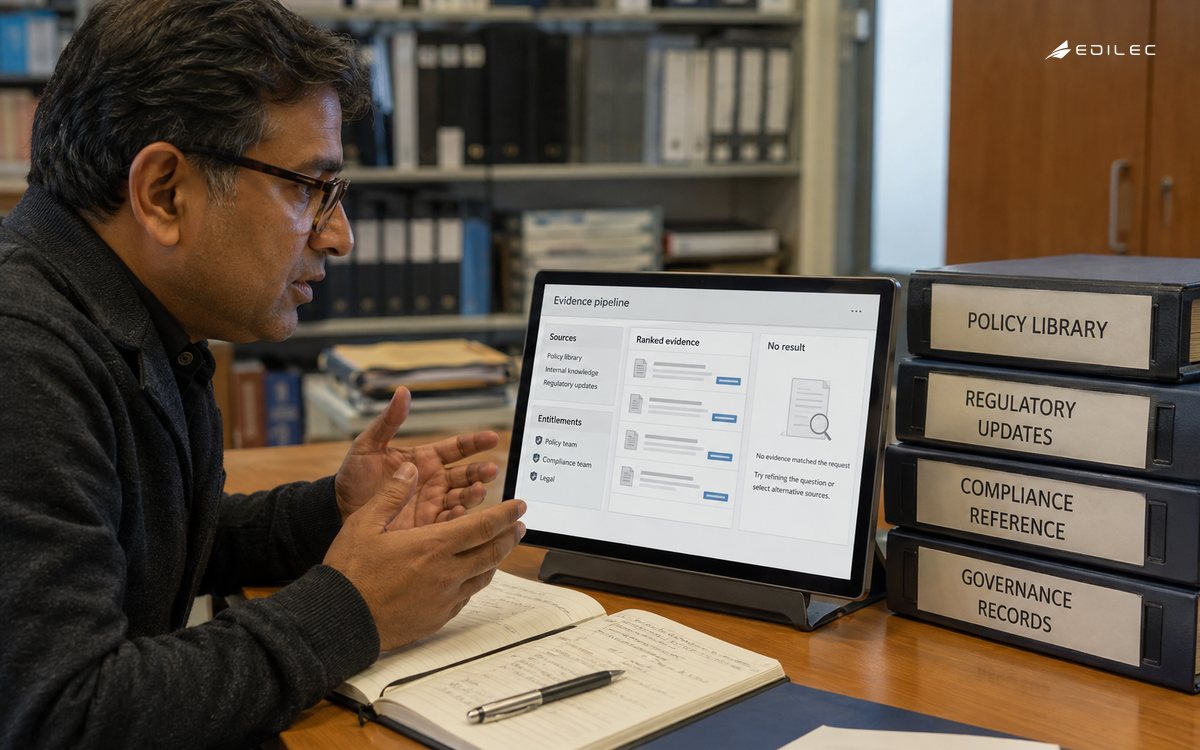 Medium photograph at a policy records consultation desk, stacked authoritative binders and an ordinary supported tablet; soft practical light.