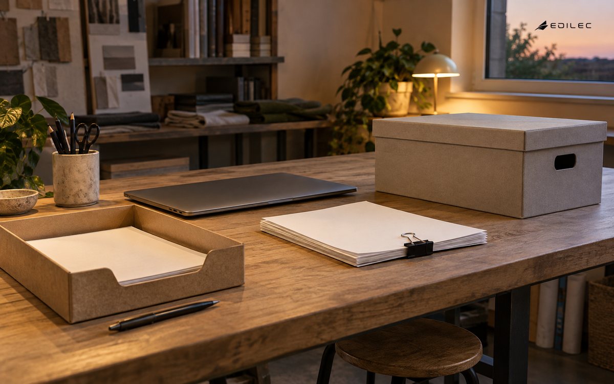 A clipped paper packet and closed archive box sit beside a closed laptop and handoff tray on a studio review bench.