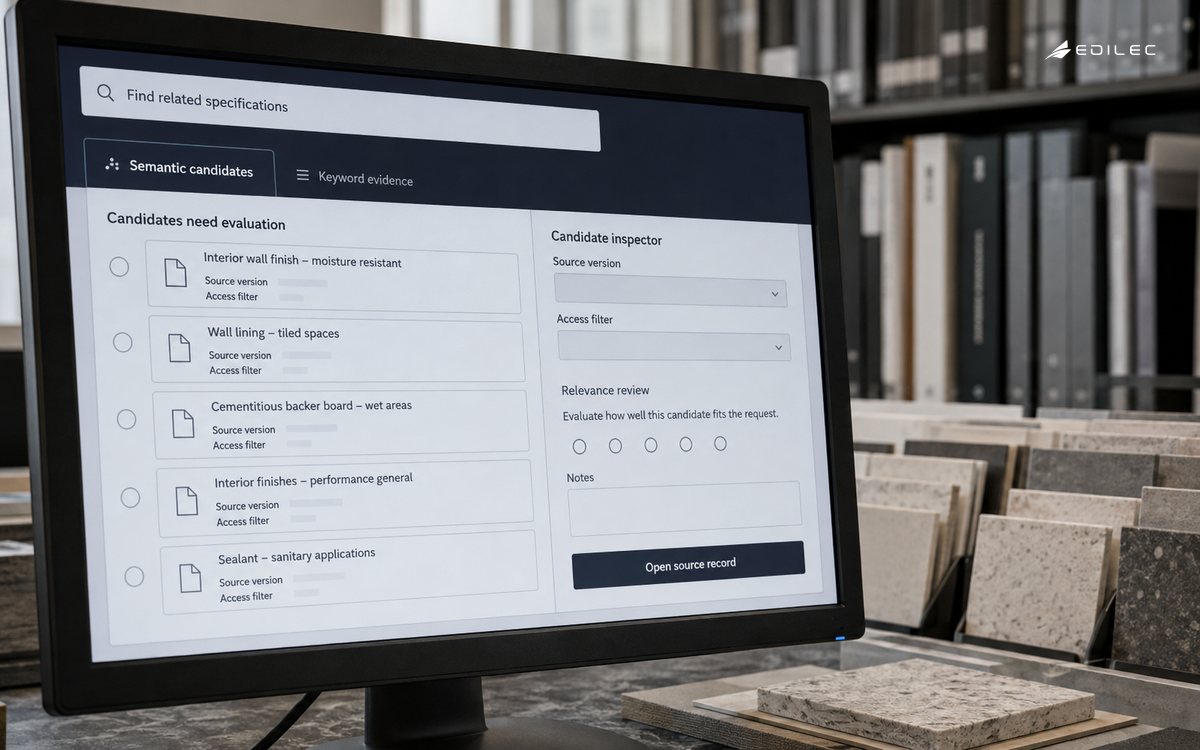 A hybrid-search reviewer inspects candidate specifications with source versions and access filters.