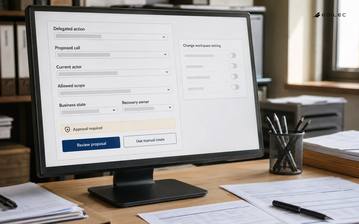 A delegated-action review pauses a workspace-setting change for authority and state checks.