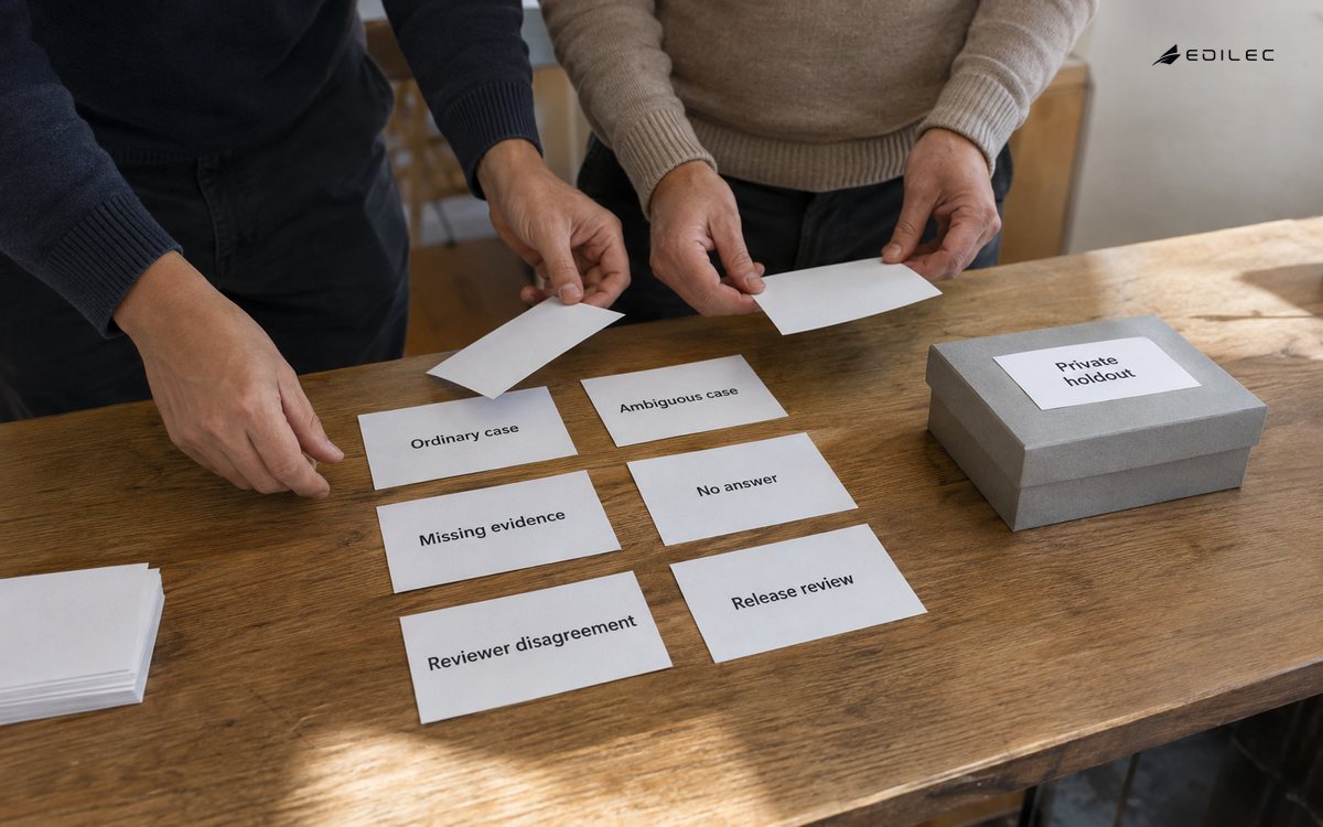 Standing reviewers sort evaluation cases while keeping the private holdout separate.