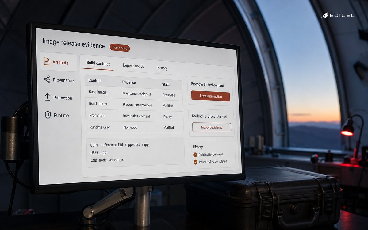 An observatory image-processing station beneath the curved edge of a telescope dome; one real matte-black LCD monitor on a metal arm, closed unmarked instrument case, subdued red task light with cool dawn through the dome slit. The manufactured display shows image release evidence in a fictional demonstration.