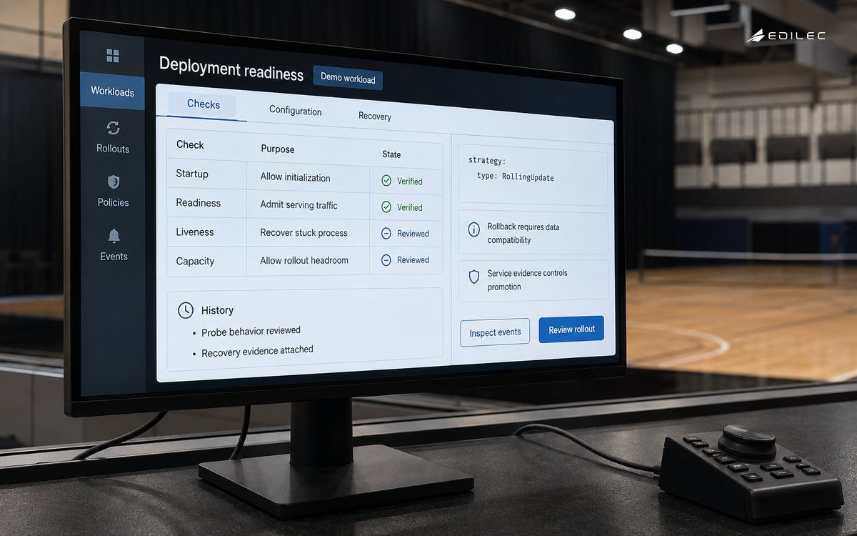 Sports replay service operations booth overlooking an empty indoor court. The manufactured display shows deployment readiness in a fictional demonstration.