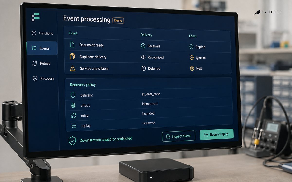 An event console distinguishes applied events, ignored duplicate deliveries, and held work awaiting recovery.