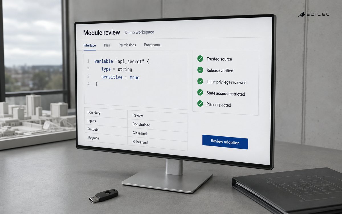 A module review screen places an input declaration beside provenance, permissions, and state-access checks.