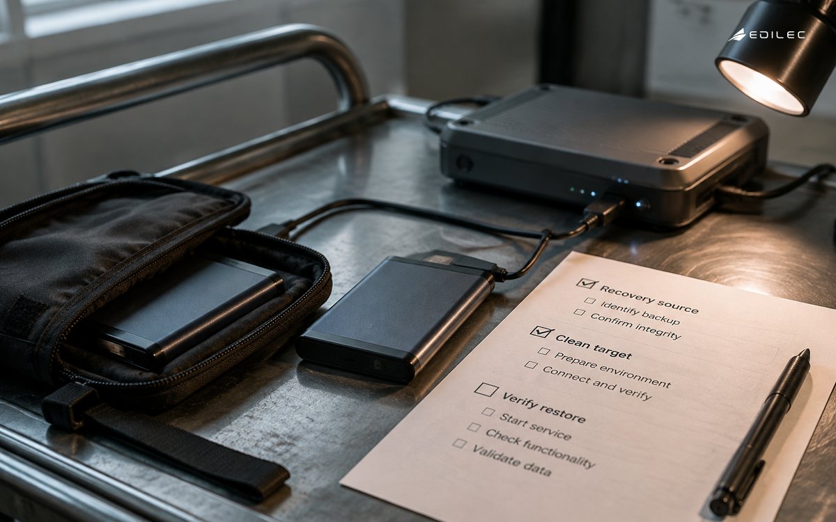Recovery drives and an unchecked restore-verification checklist on a steel rehearsal cart.