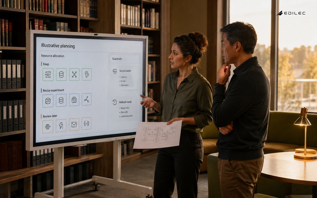 Engineers review a bounded resource-resizing experiment in a library meeting alcove.