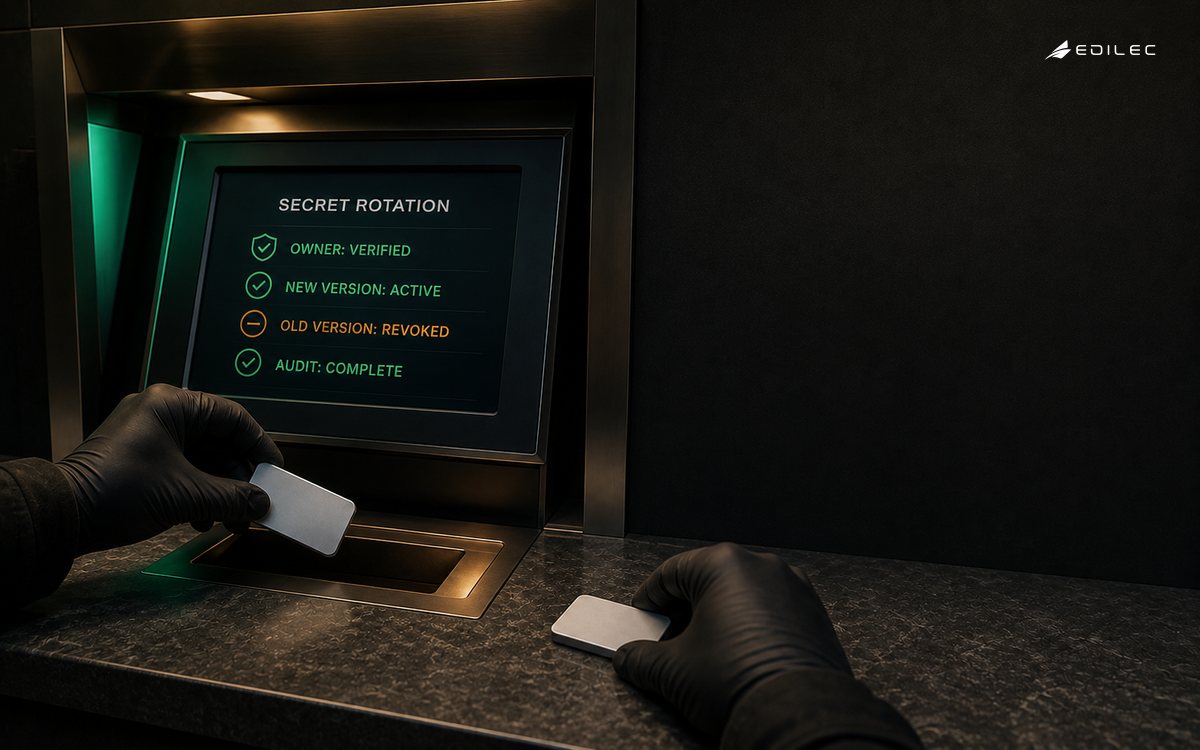Gloved hands rotate blank security tokens while a console verifies the owner, activates the new version and revokes the old version.