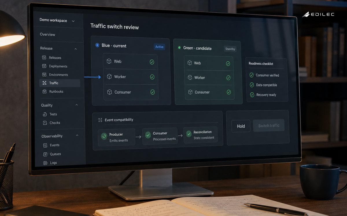 A release canvas compares current and candidate environments with event compatibility checks.