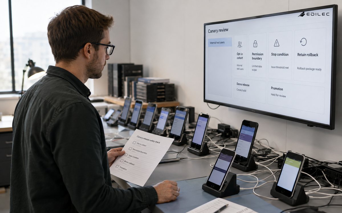 An engineer checks a bounded canary cohort and promotion conditions in a device test studio.