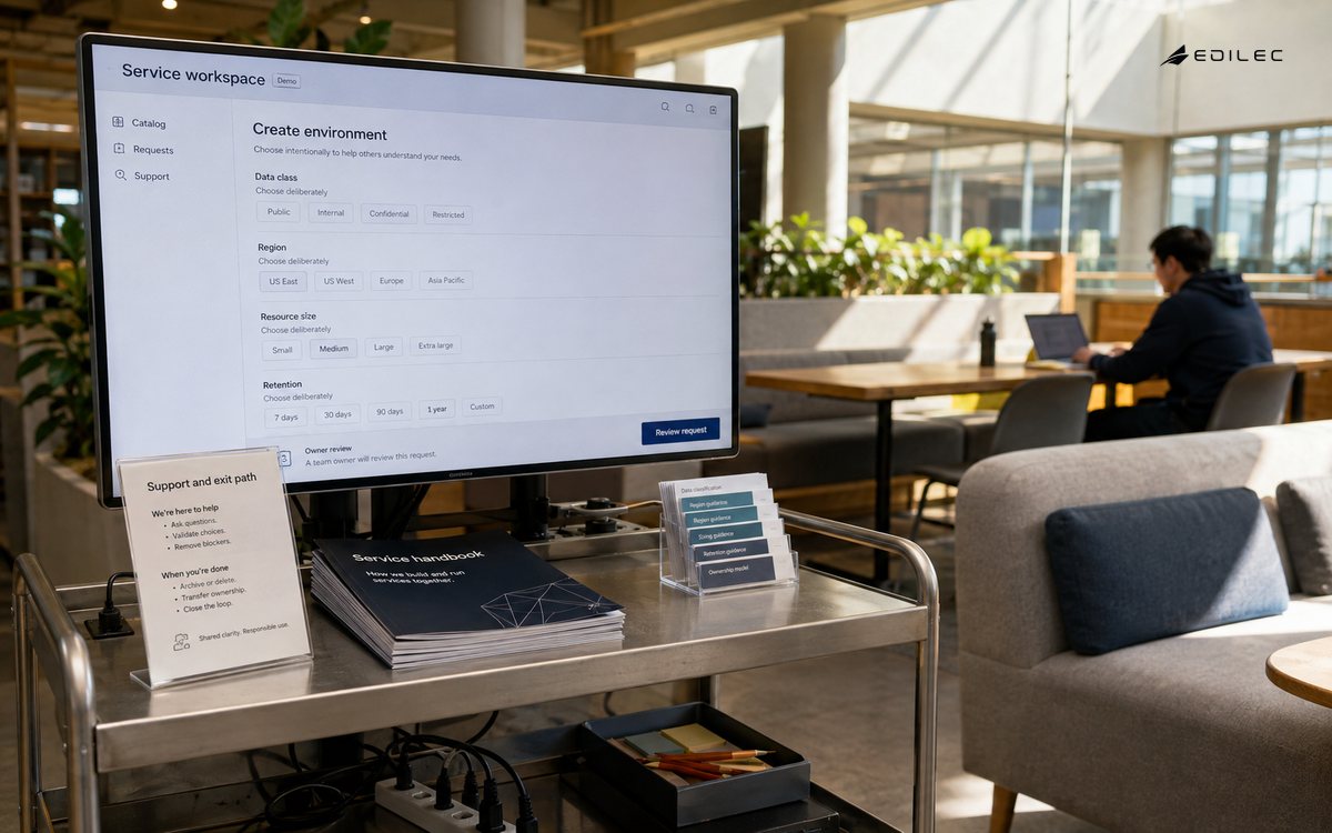 Internal service request form beside a platform support and exit-path guide.