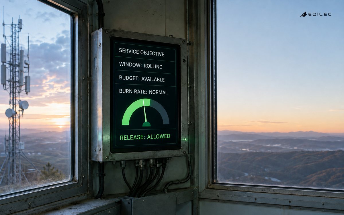 A service-objective console in a mountain relay shelter shows a rolling window, available error budget, normal burn rate and an allowed release.