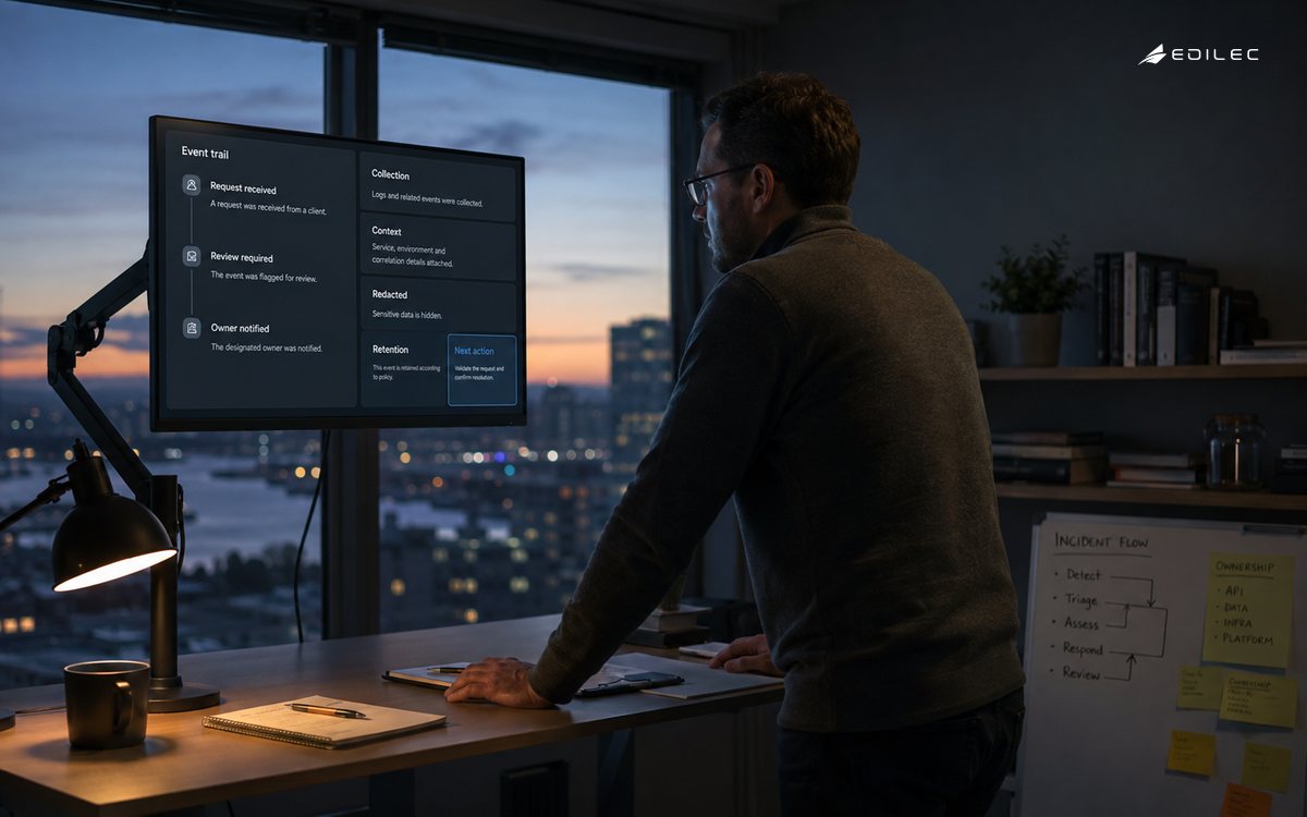 An on-call operator examines an event trail and its context at a standing console at dusk.