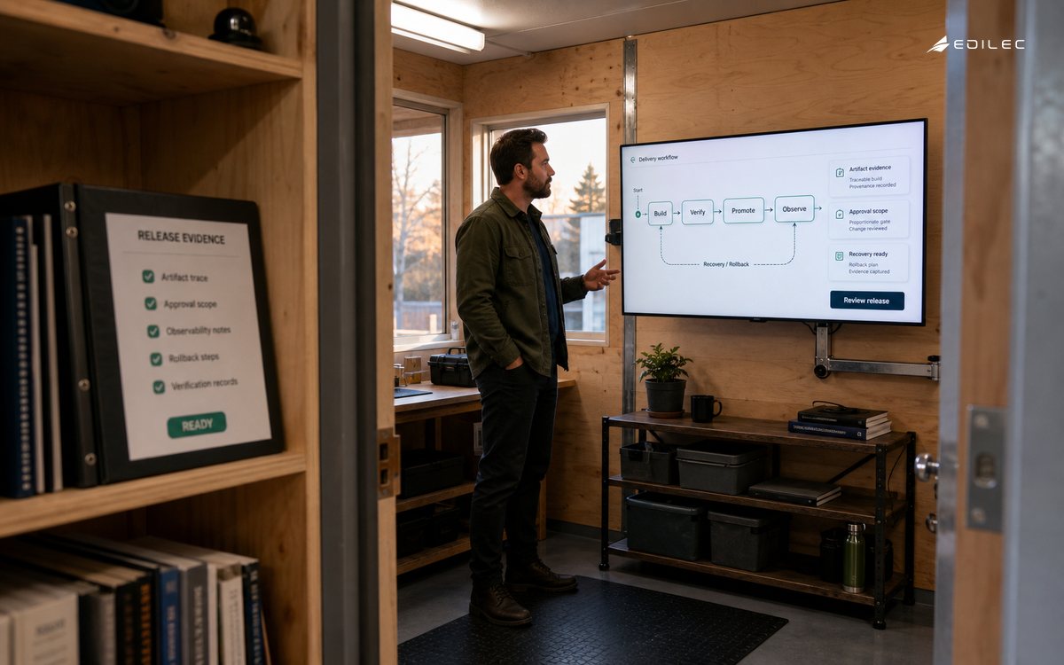 A standing release manager reviews build, verification, promotion, observation and recovery evidence.