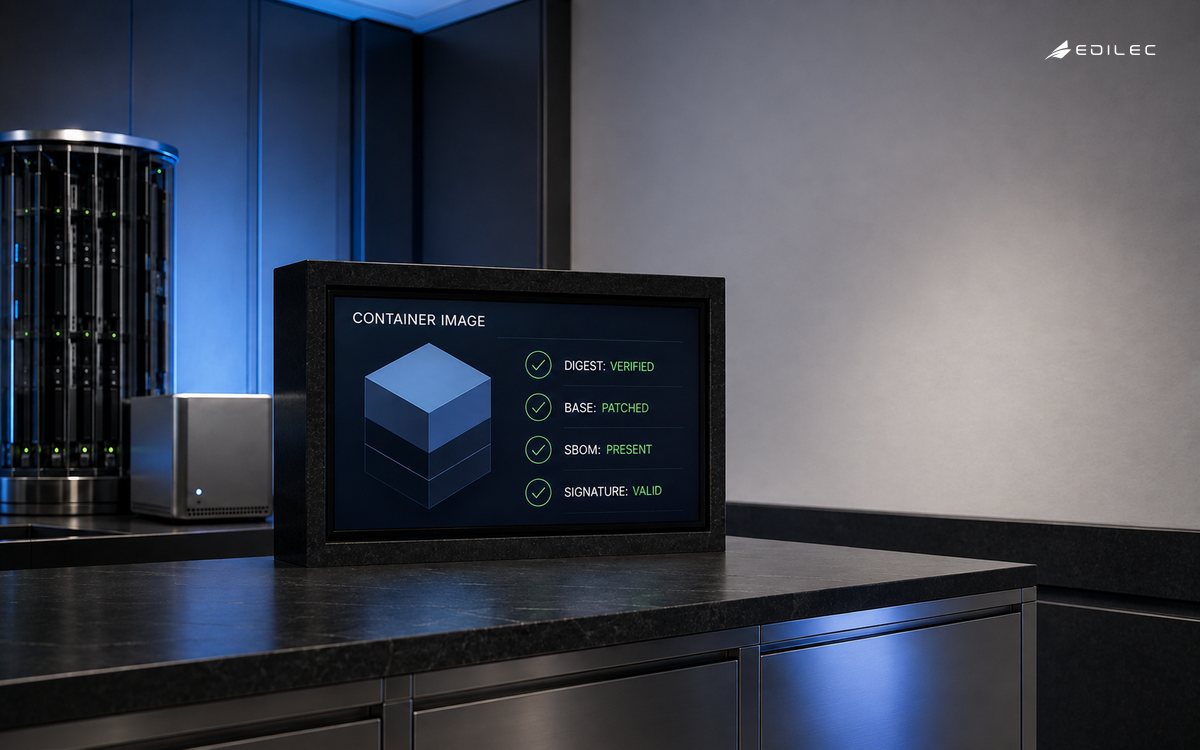 A container-image release console verifies the digest, patched base, software bill of materials and signature in an unbranded lab.