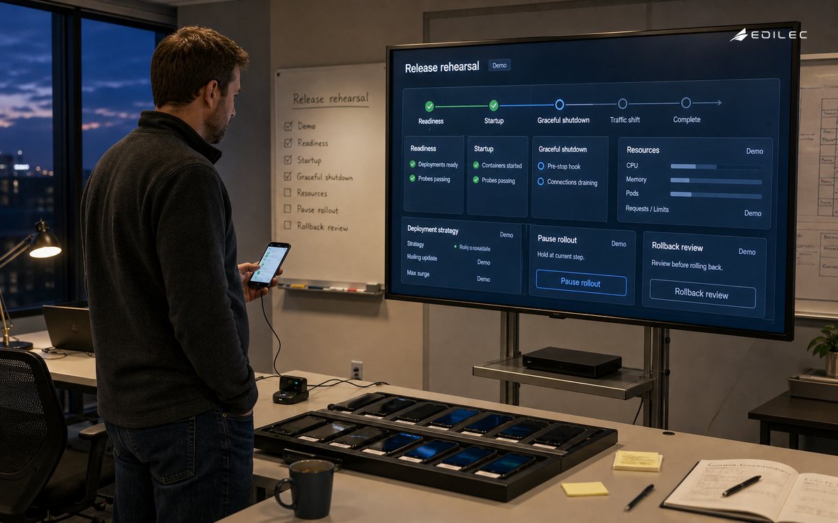 A release lead checks a test phone beside a rollout-rehearsal display and trays of test devices.
