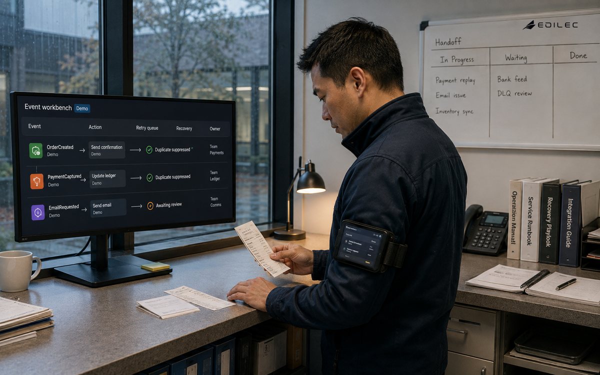 An operator compares a paper work receipt with an event-processing and recovery interface.