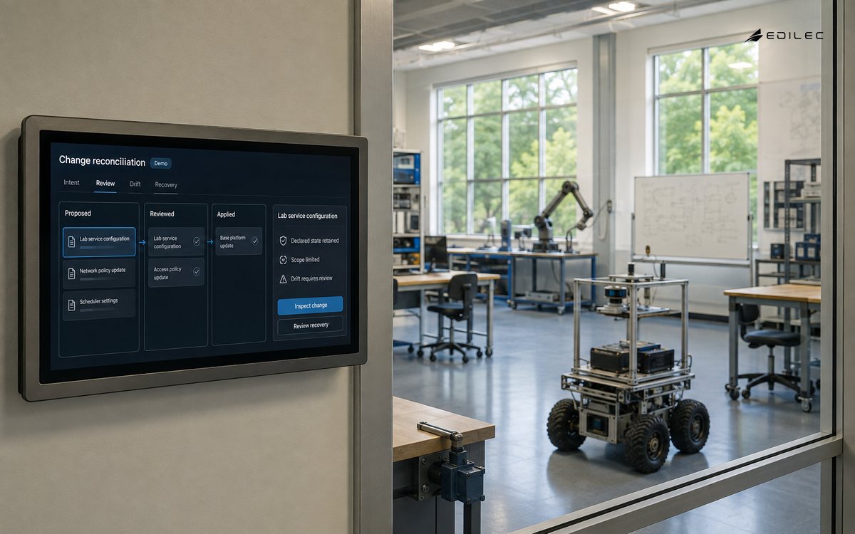 A change-reconciliation application appears in a teaching robotics lab.