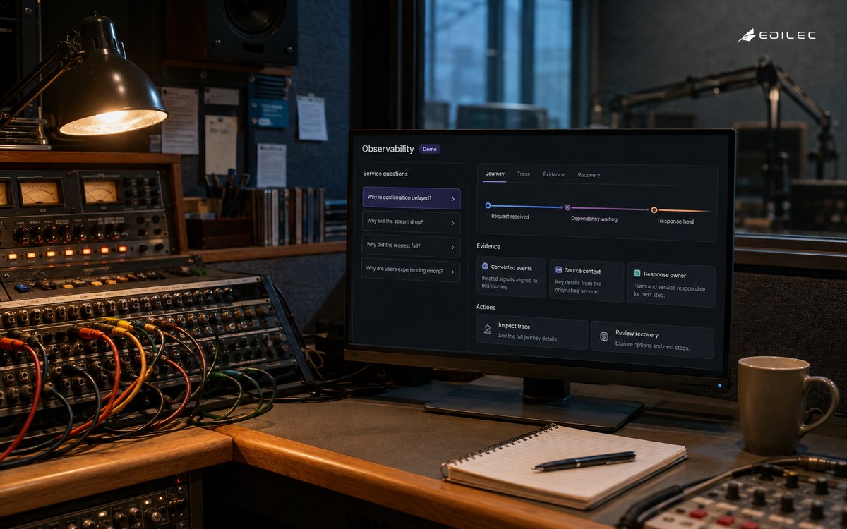 A service-question interface appears among a radio station’s technical preparation equipment.