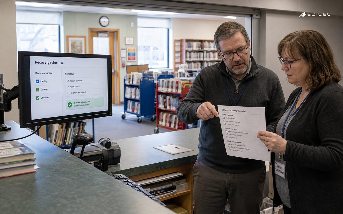 Library staff rehearse a service restore using a dependency runbook and checkout verification.