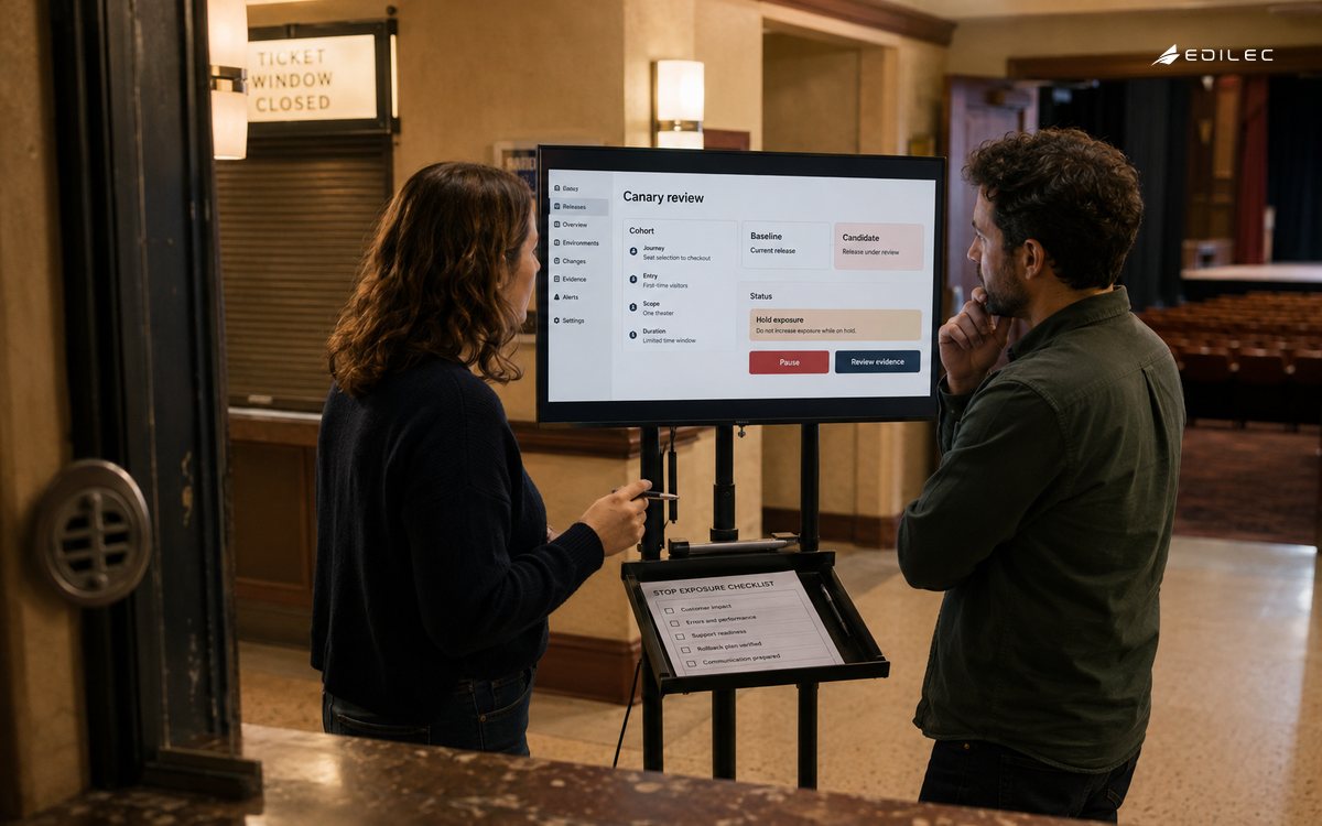 Product colleagues review a canary release on a trolley-mounted monitor in a theater ticketing area.