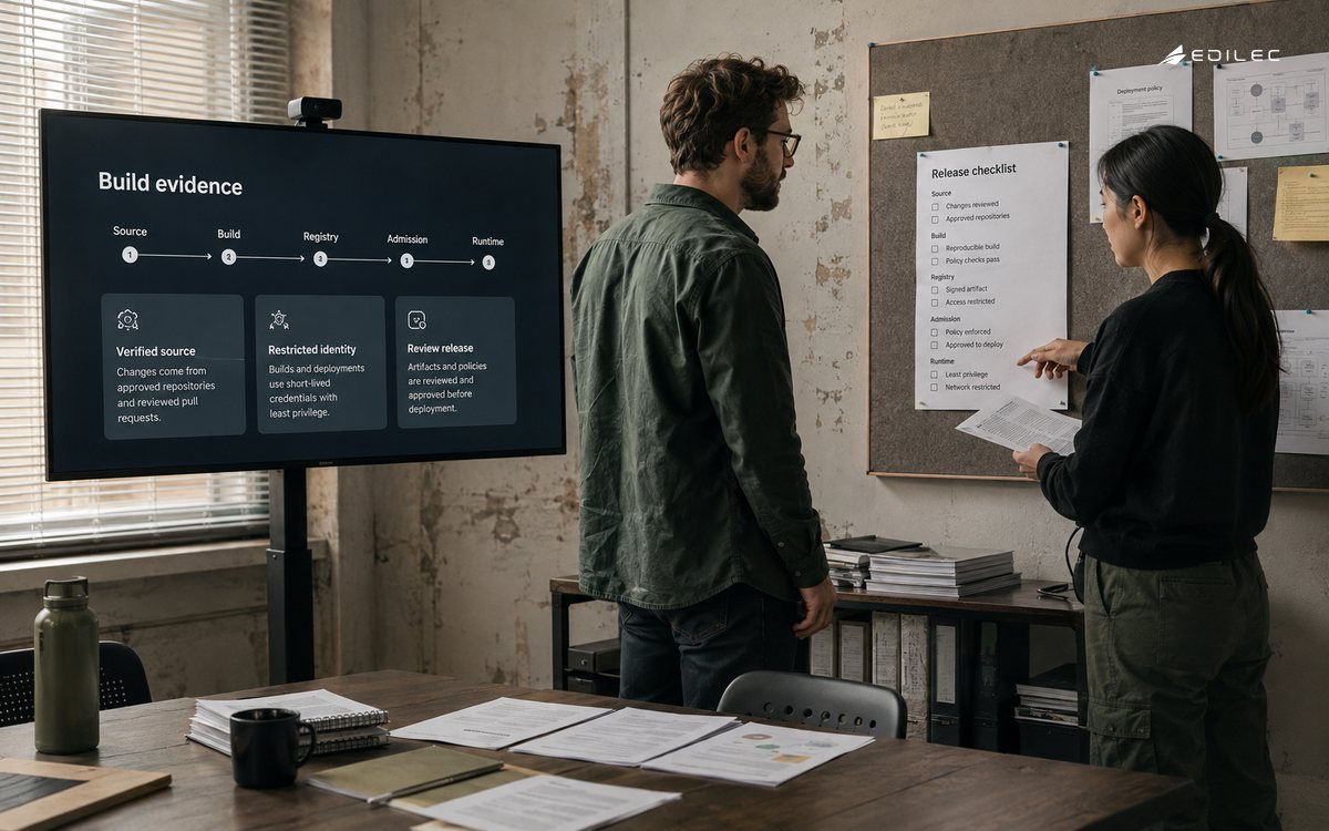 A founder and engineer compare a container build-evidence display with a printed release checklist.