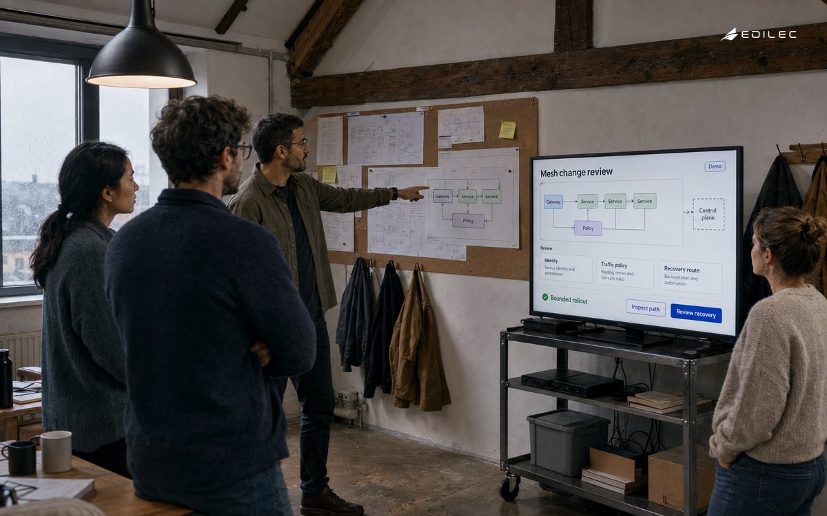 A standing platform team compares a service request path with a mesh change review display.