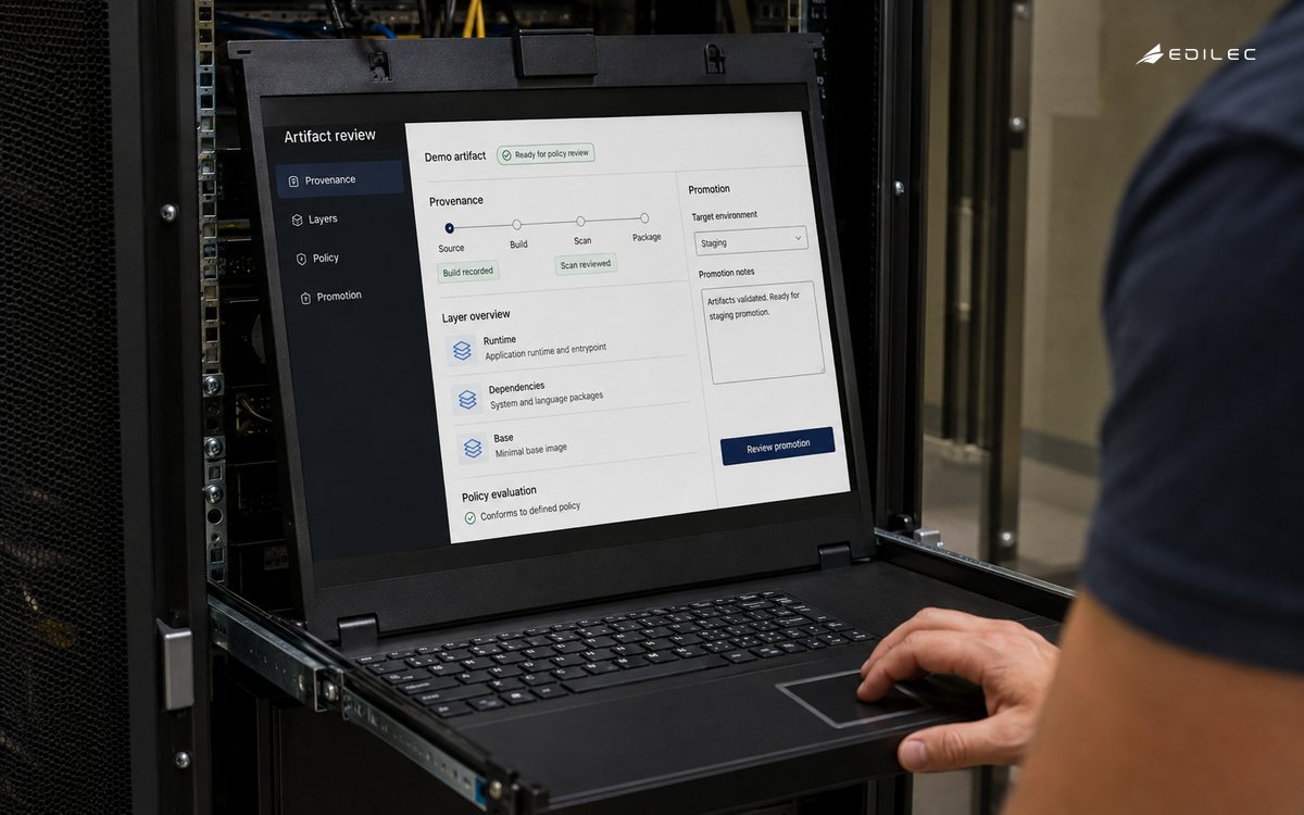 Container artifact inspector showing provenance, layers and promotion policy on a physical rack console.