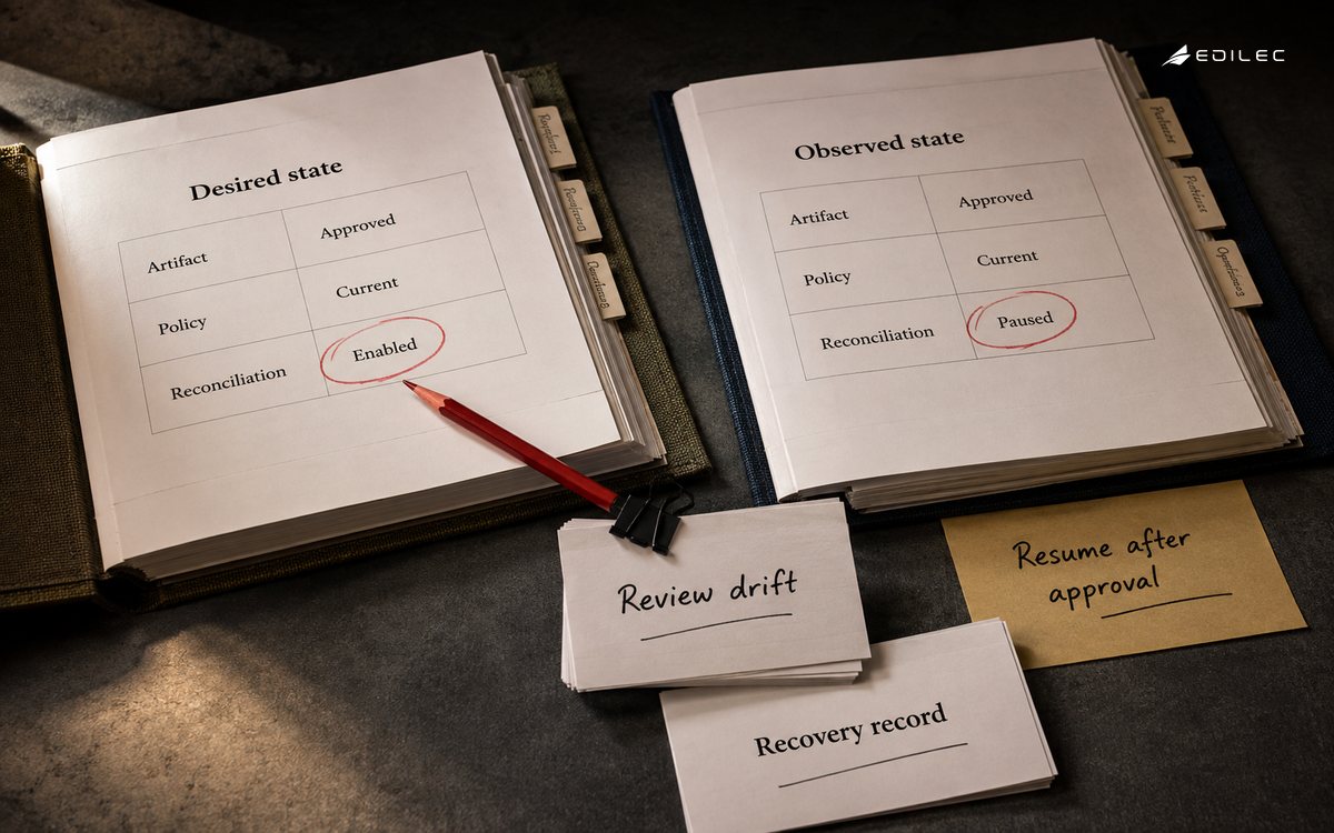 Desired and observed configuration folios highlight a paused reconciliation state.