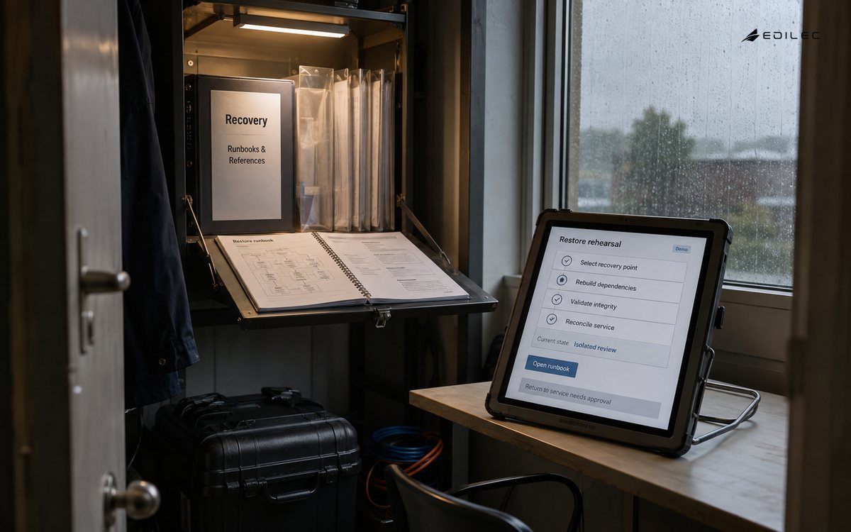 Recovery runbook and tablet checklist on a fold-out shelf in a business continuity annex.
