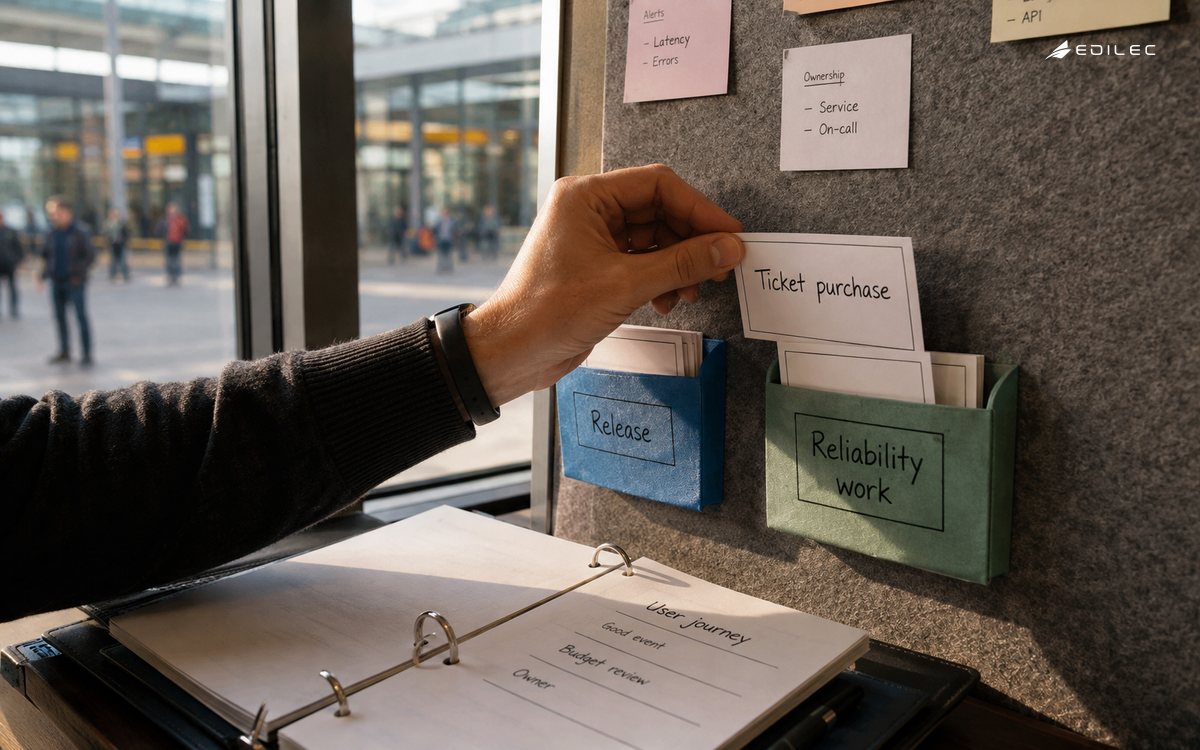 Hand moving a ticket-purchase release card into a reliability-work pocket beside a user-journey decision binder.