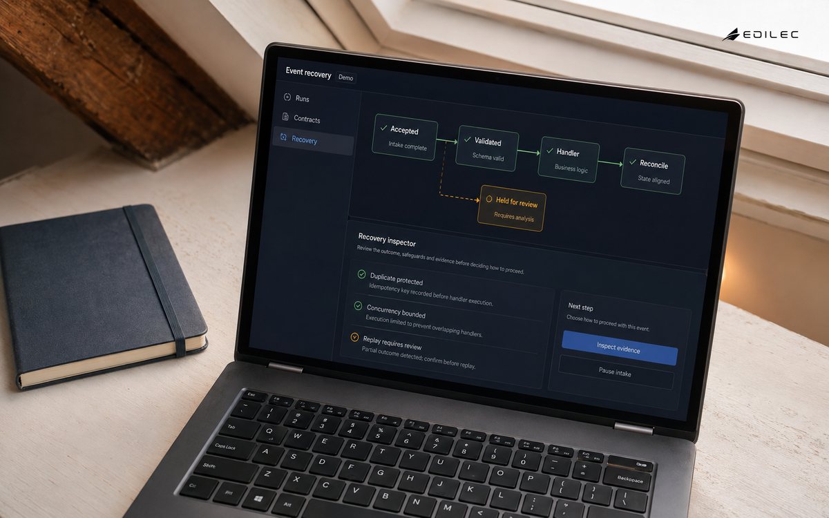 A laptop shows a fictional event workflow with a held branch and controlled recovery options.