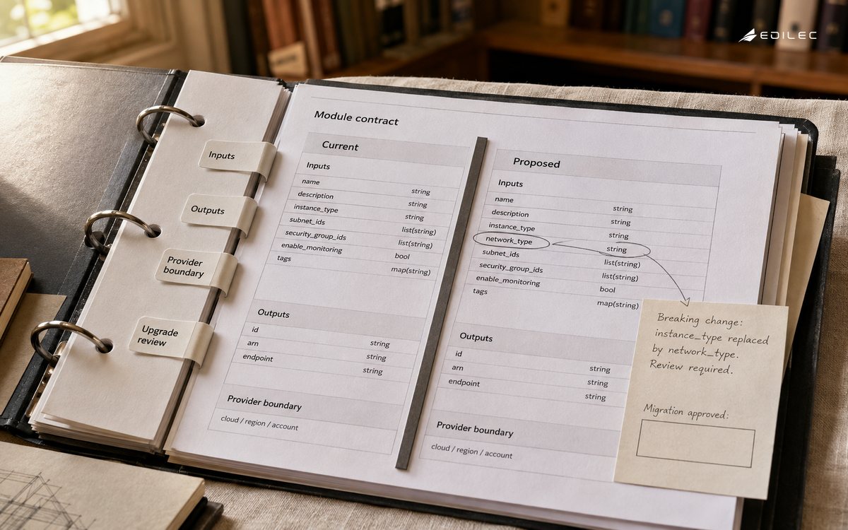 An open module contract binder compares current and proposed input sheets beside an upgrade review note.