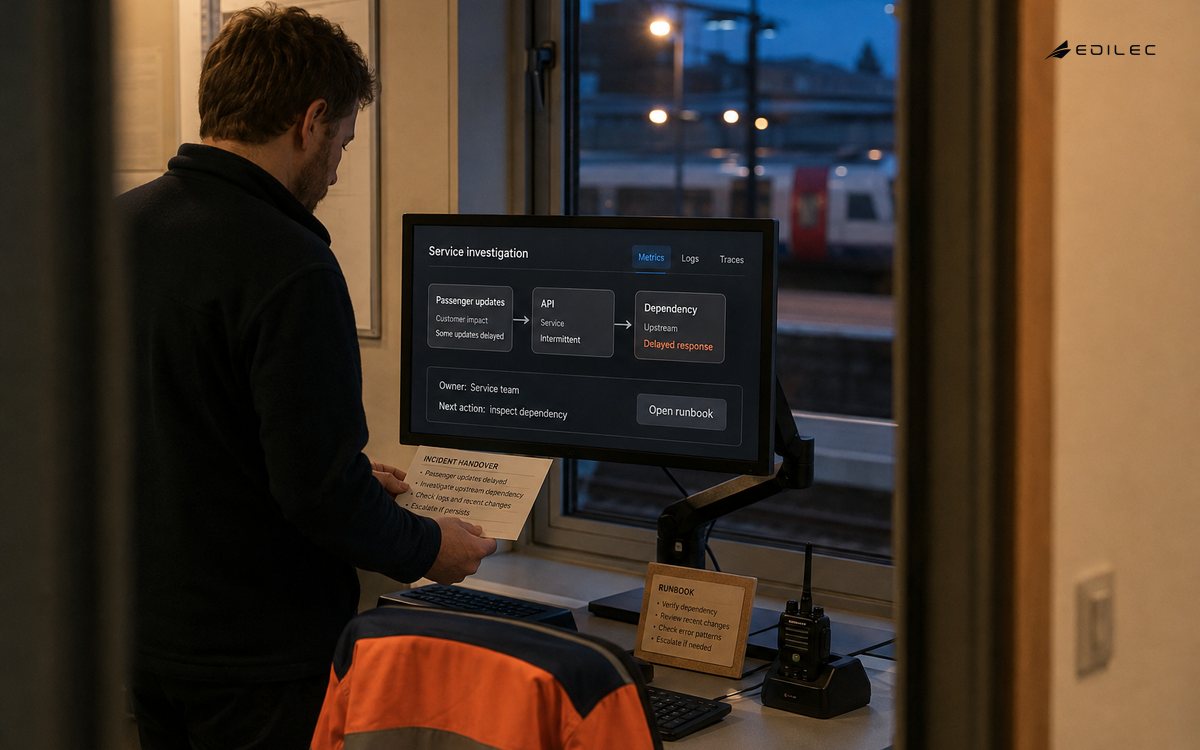 A duty engineer reviews an incident handover beside a service-dependency screen in a rail support room.