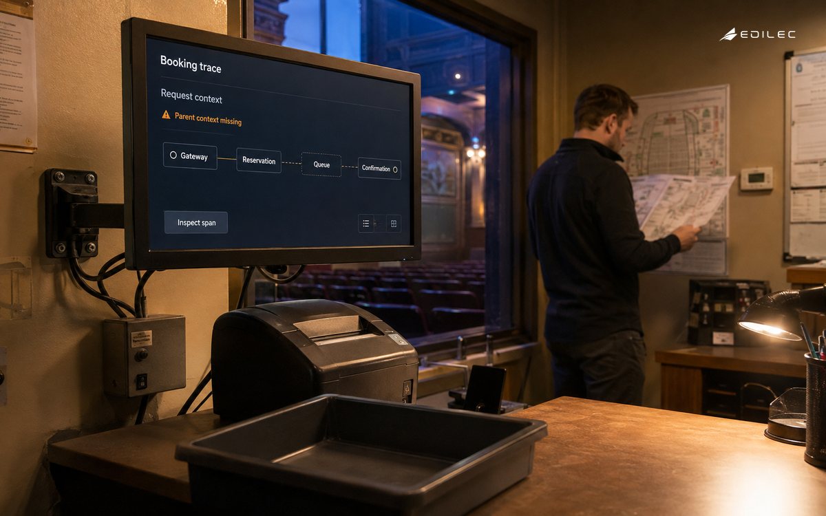 Box-office workroom with a booking trace on a mounted monitor and a responder consulting a service map.