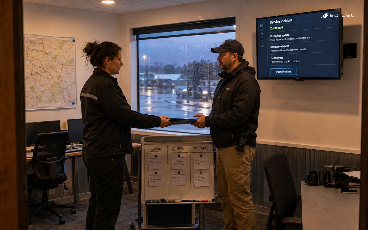 Standing responders exchanging an incident brief in a dispatch coordination room.