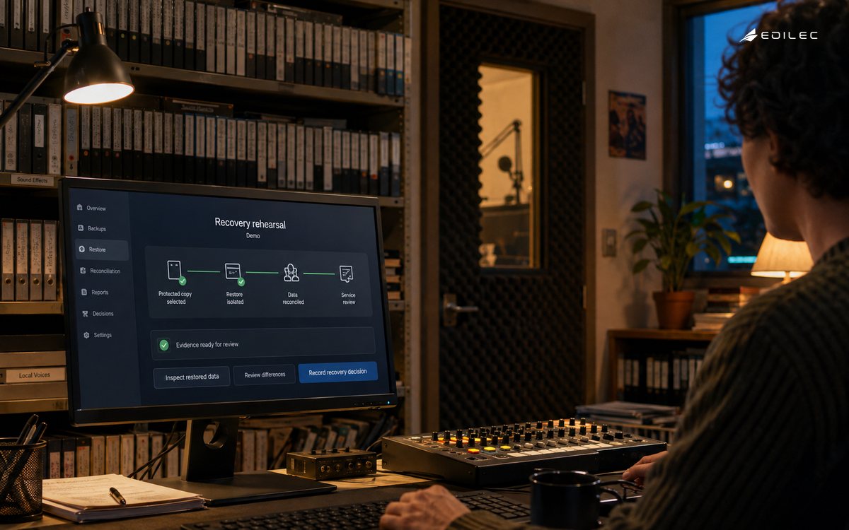 A recovery rehearsal appears in a community radio archive office.