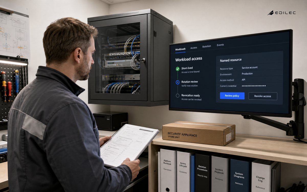 An engineer reviews workload access on a mounted monitor beside a closed network appliance cabinet.