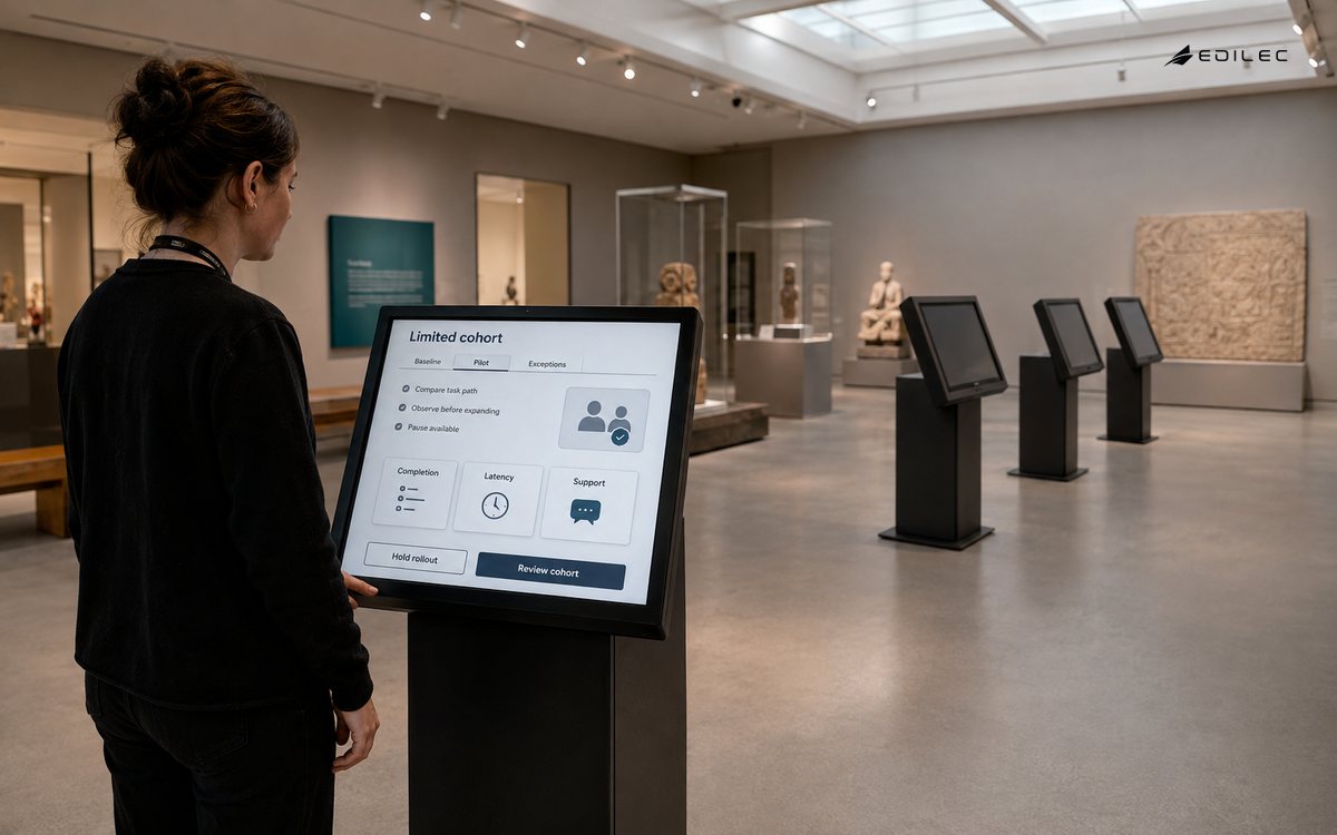 Museum staff observe a limited kiosk pilot while other visitor kiosks remain idle in the gallery.