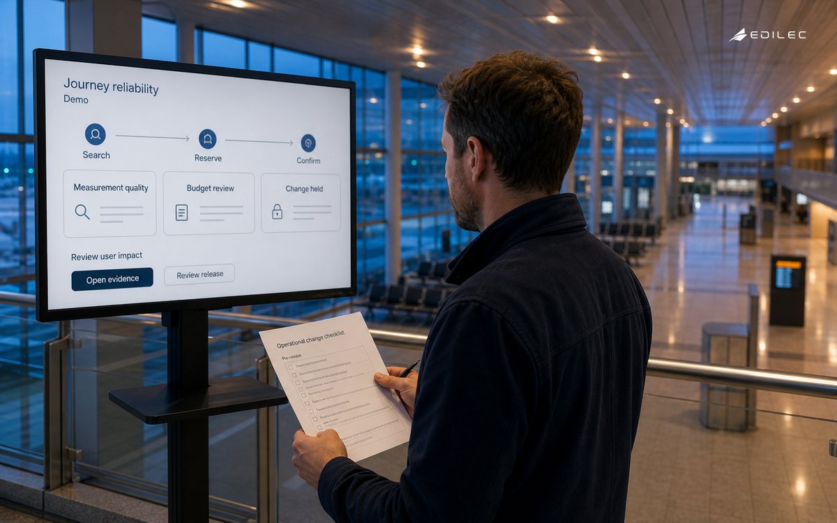 A service owner reviews a booking journey and a held change in a terminal planning area.
