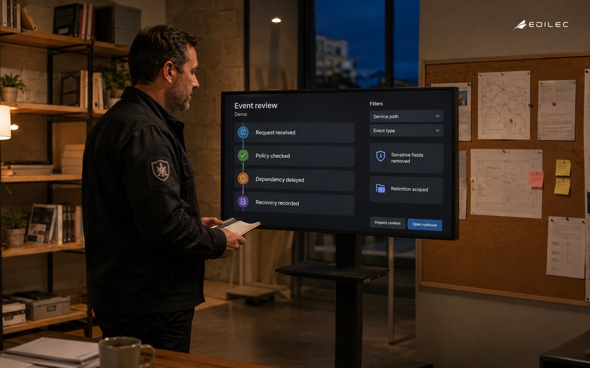 An operations responder reviews a protected event sequence beside an incident notebook.