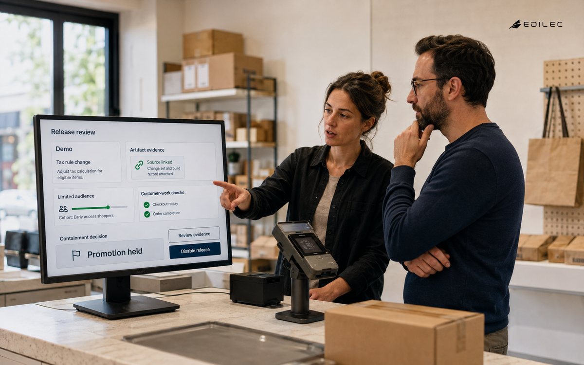 Release colleagues review a limited checkout rollout at a retail testing counter.