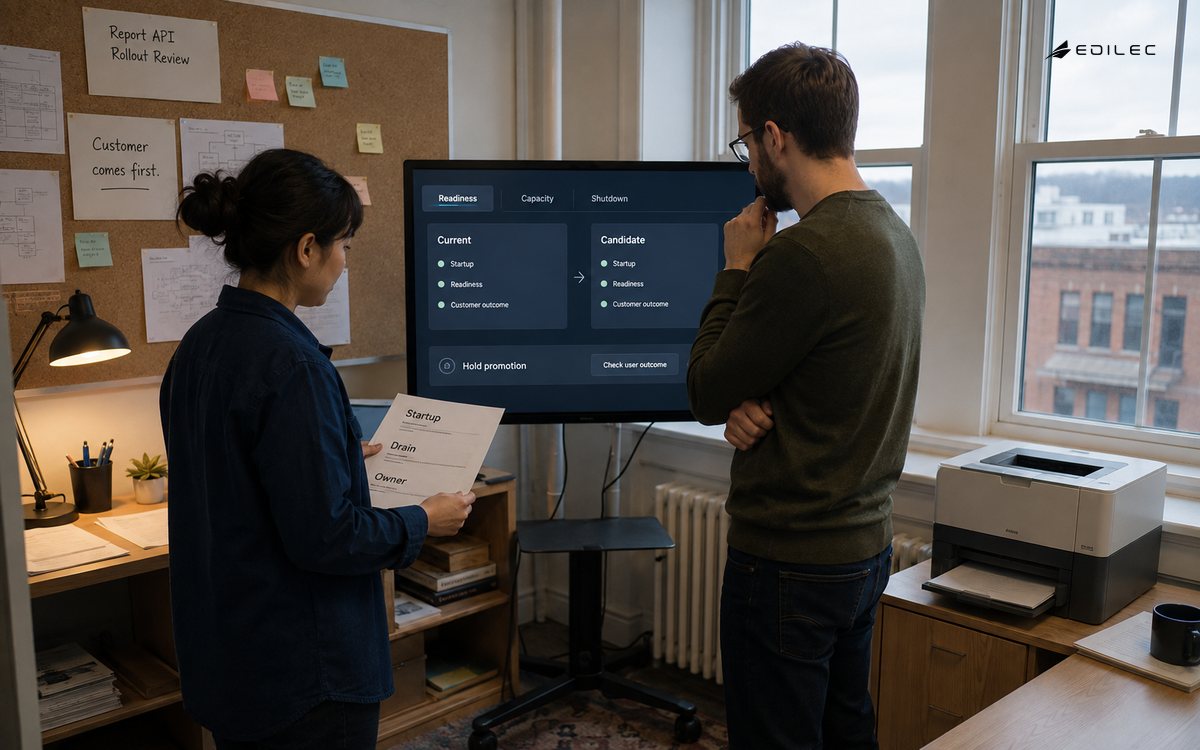 Two engineers review a workload contract and a held rollout in a bright release planning room.