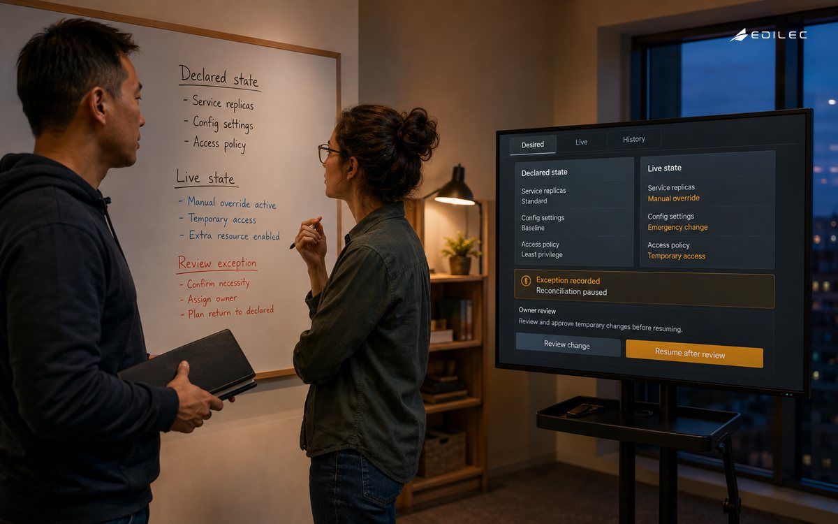 Standing engineers compare a recorded exception with desired and live state in a release studio.