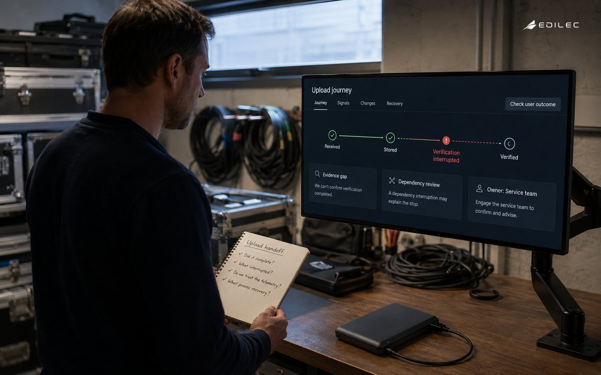 A standing engineer checks upload-journey evidence beside media equipment in an ingest room.