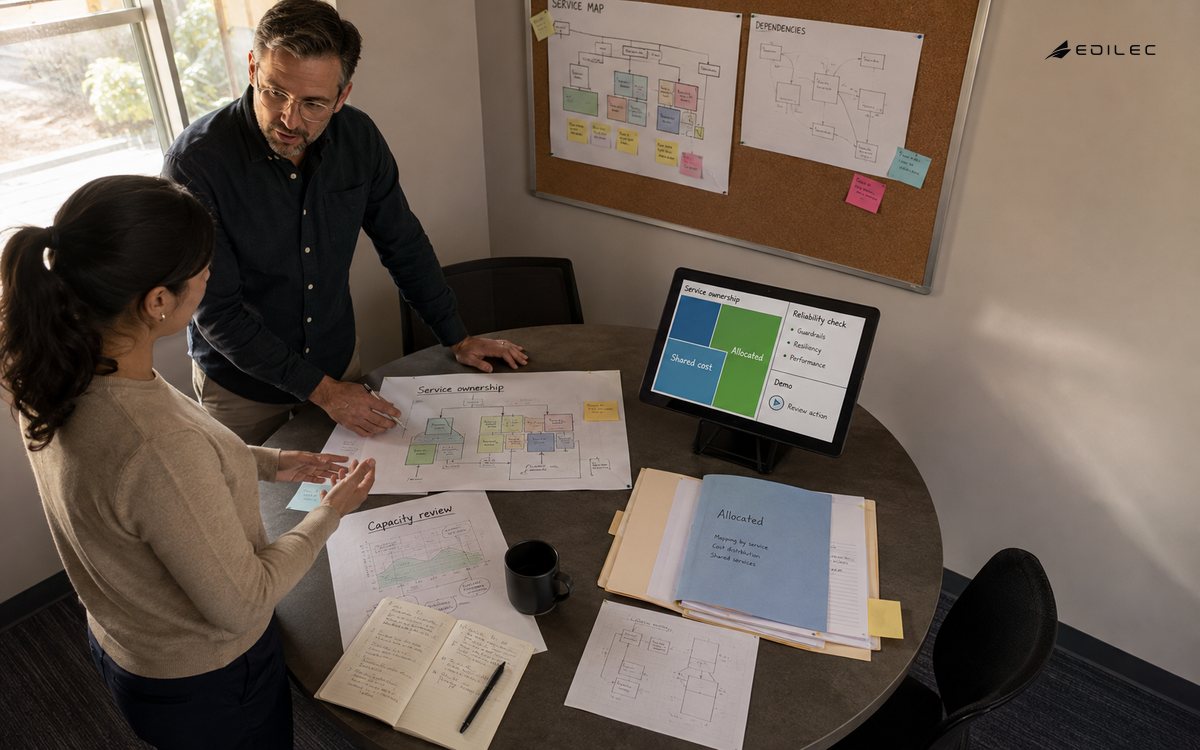 A finance partner and engineer review service ownership and capacity evidence around a circular table.