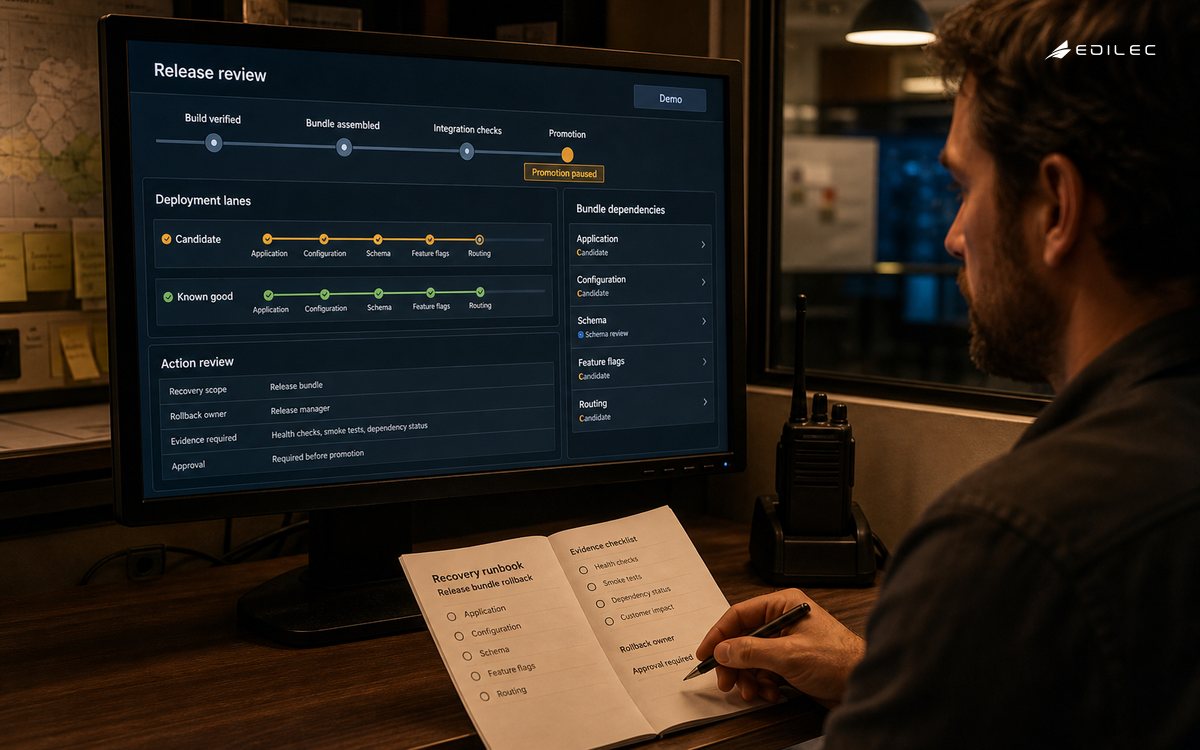A release console shows candidate and known-good states beside dependency and recovery review.